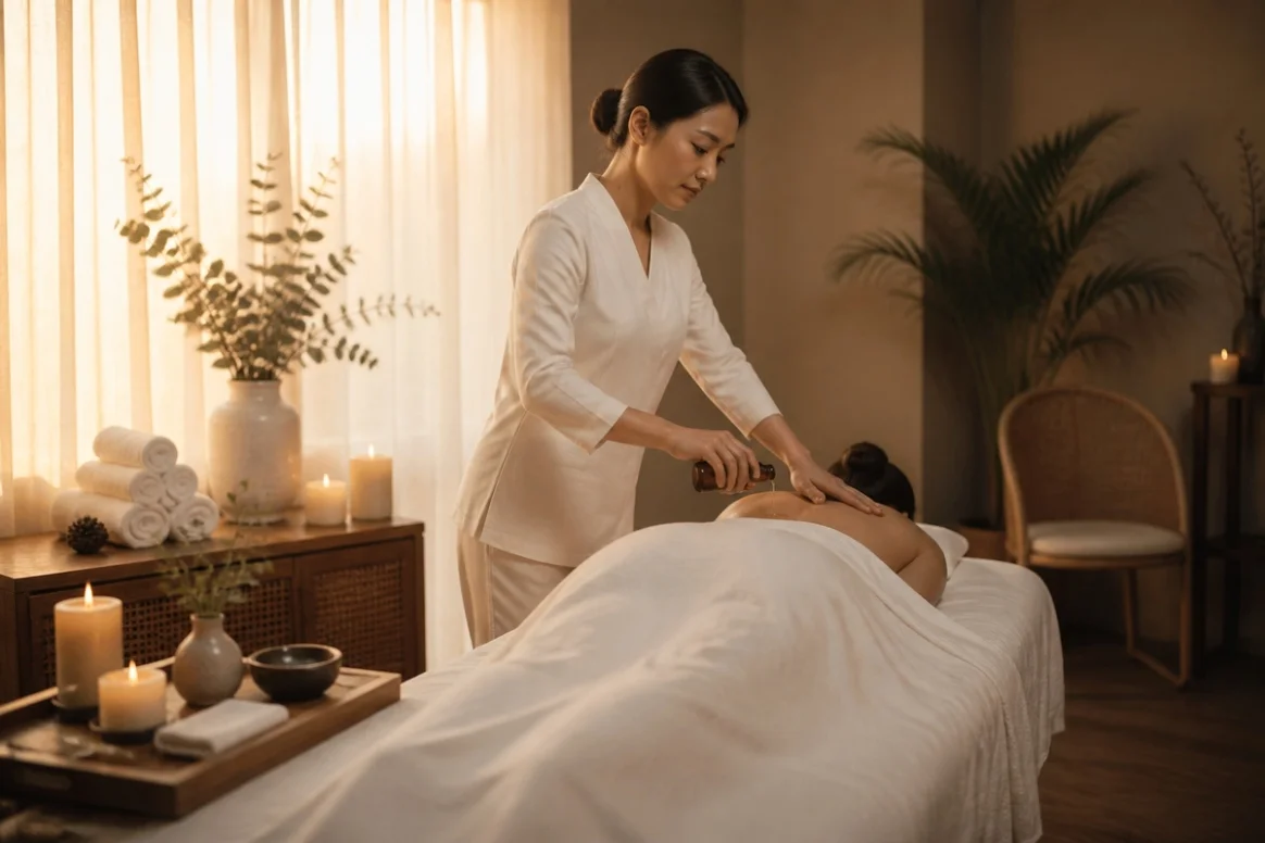 Illustrative daytime massage with light curtains and an ivory treatment table