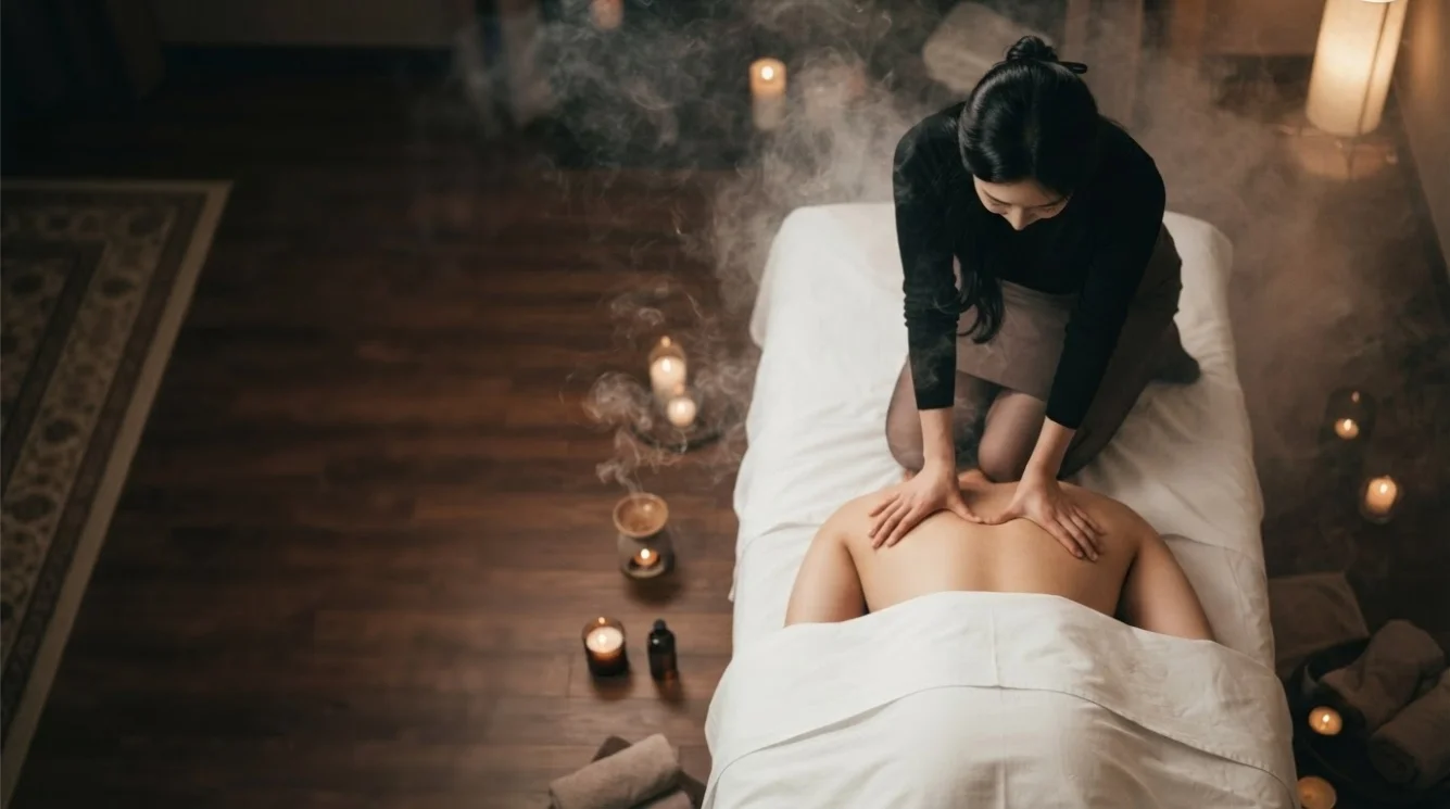 Illustrative private-room massage beside warm candles and a towel-covered table