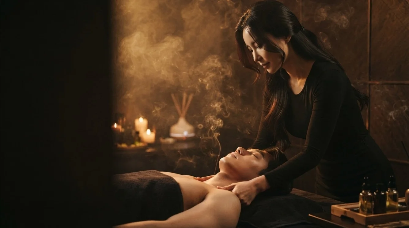 Illustrative hands-on massage in a softly lit private room