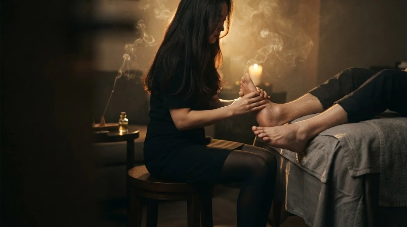Illustrative hands-on massage in a softly lit private room
