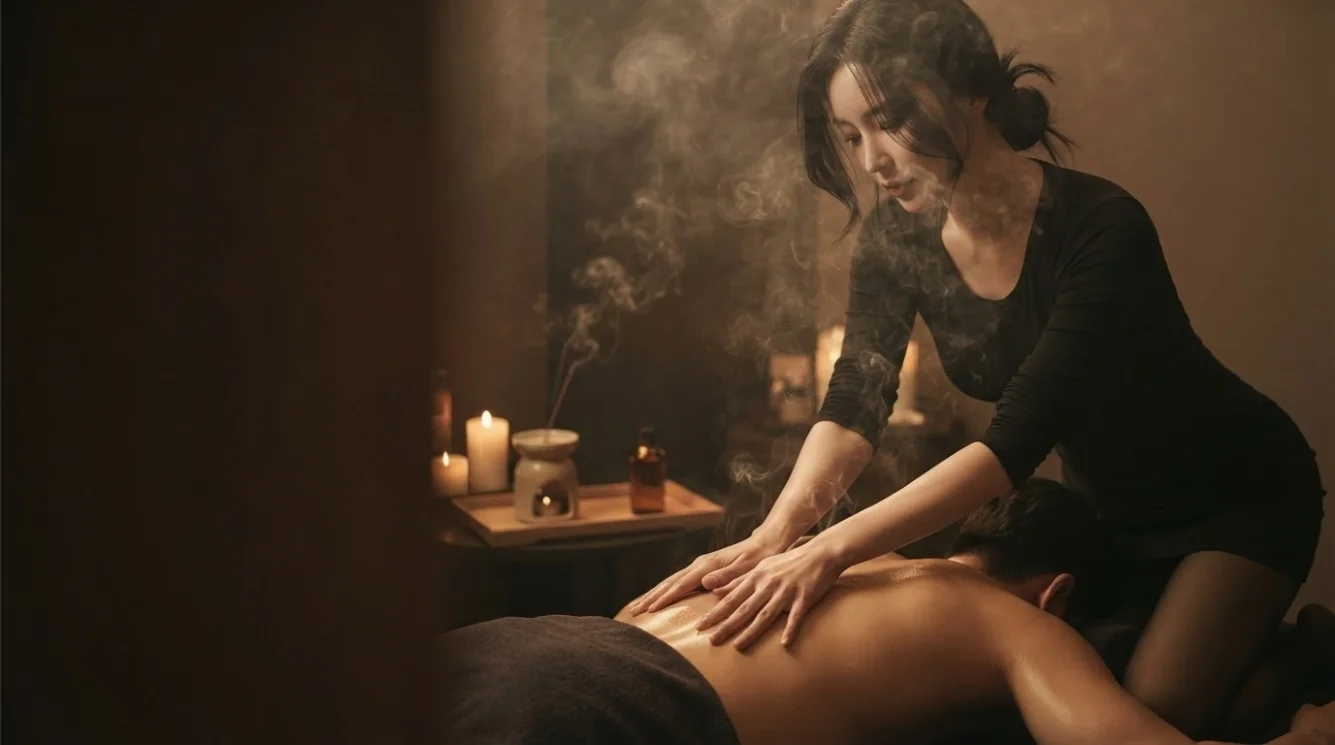 Illustrative hands-on massage in a softly lit private room