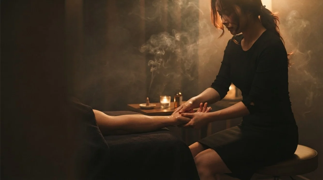 Illustrative hands-on massage in a softly lit private room