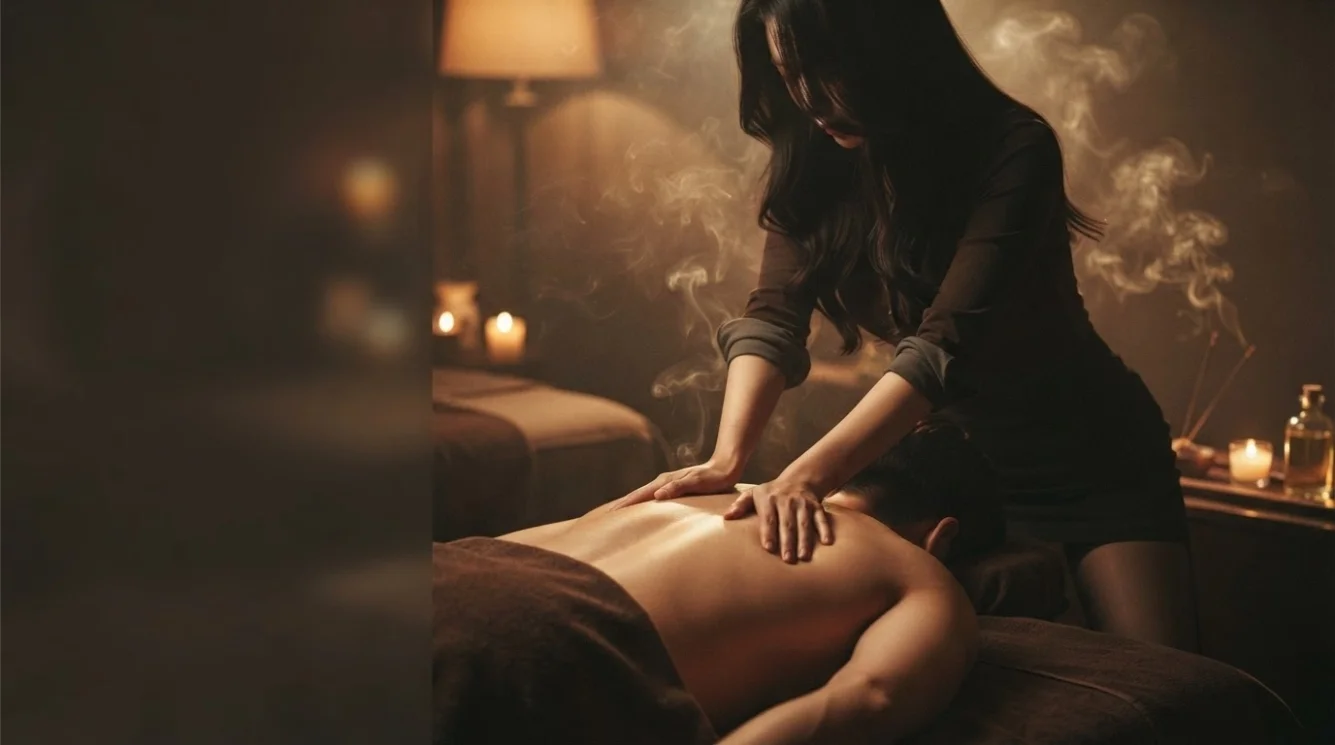 Illustrative hands-on massage in a softly lit private room