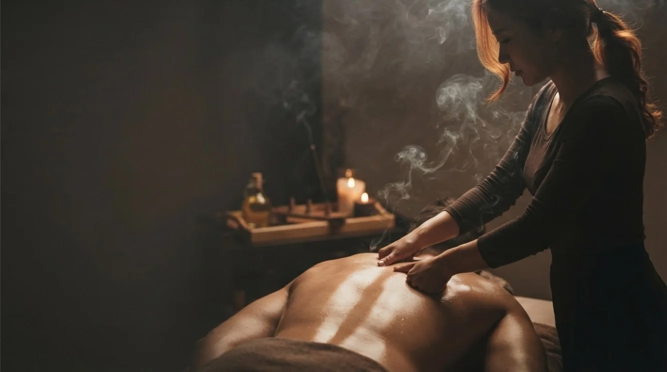 Illustrative hands-on massage in a softly lit private room