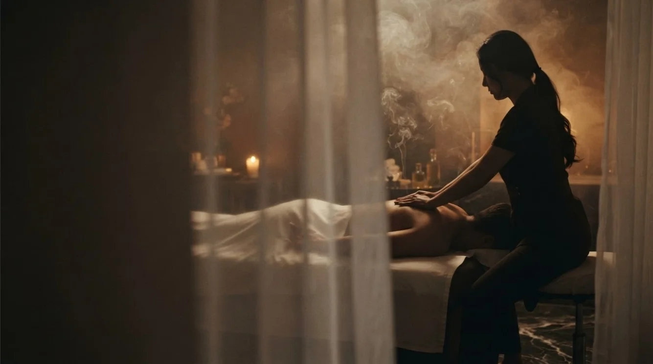 Illustrative hands-on massage in a softly lit private room