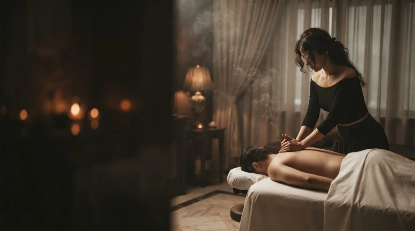 Illustrative hands-on massage in a softly lit private room
