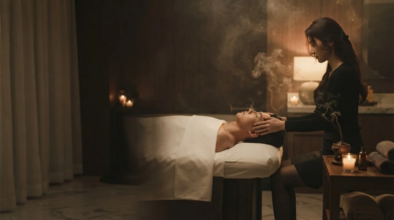 Illustrative hands-on massage in a softly lit private room
