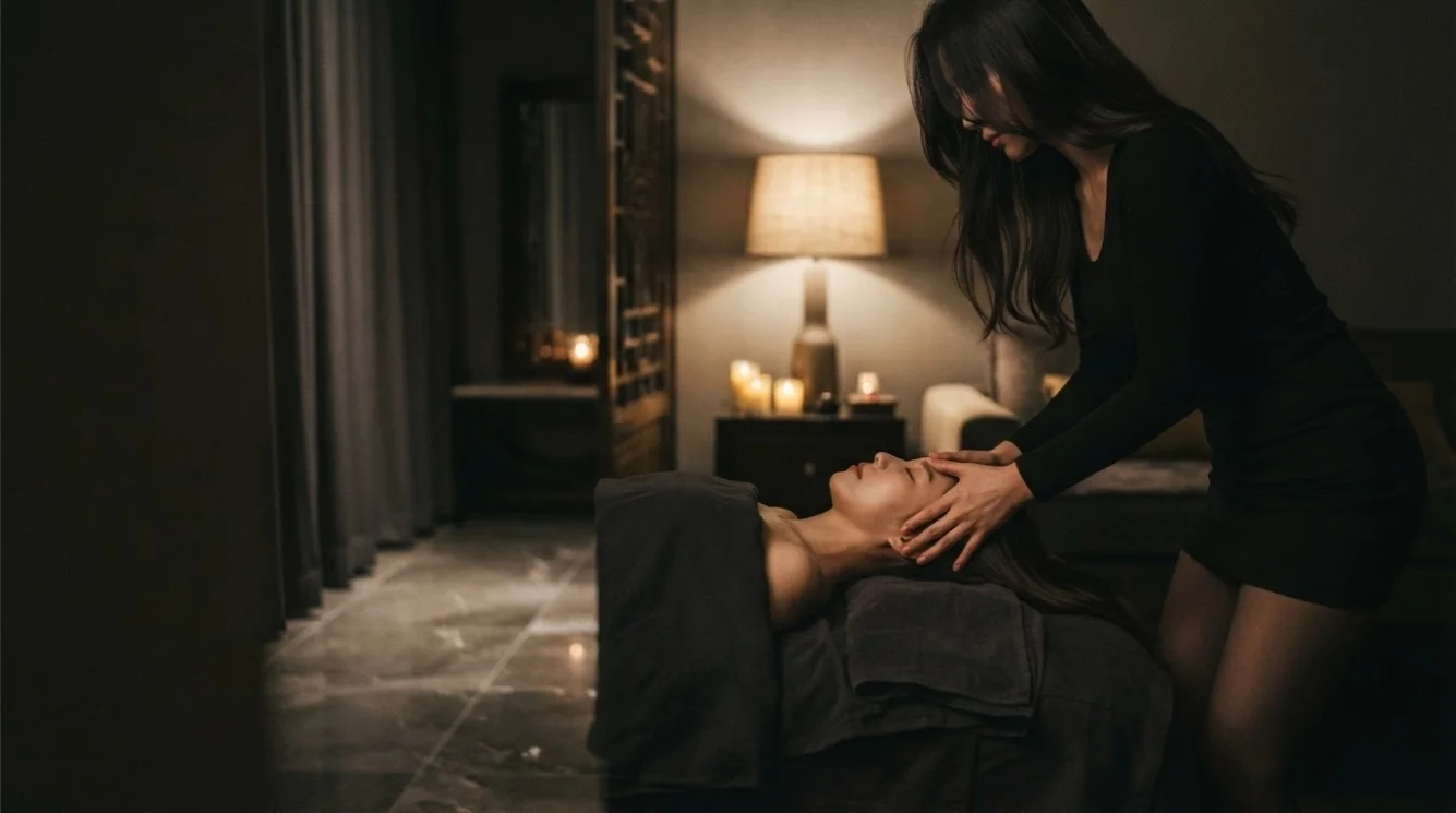 Illustrative hands-on massage in a softly lit private room