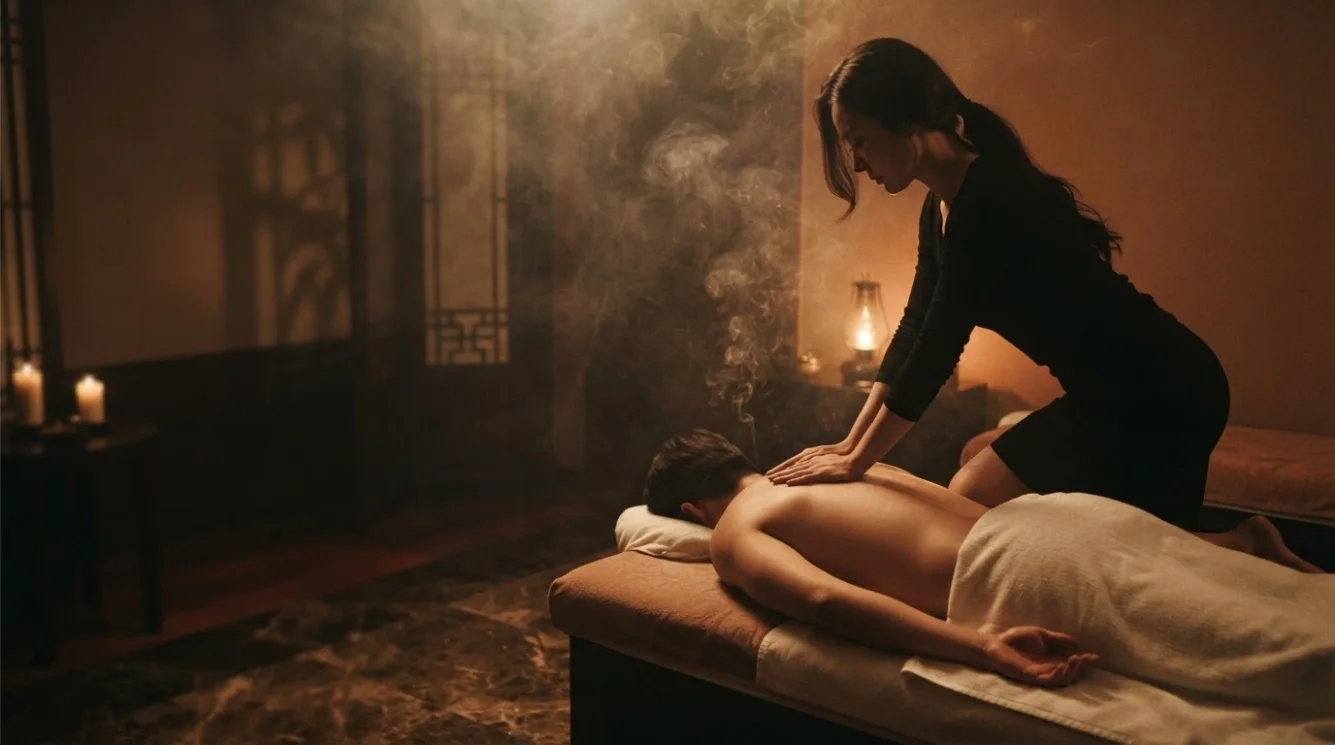 Illustrative hands-on massage in a softly lit private room