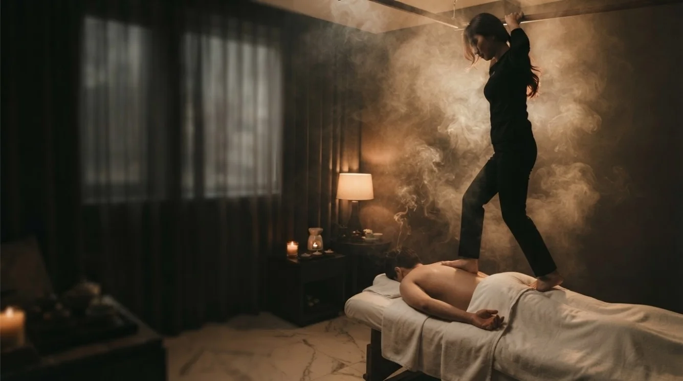 Illustrative hands-on massage in a softly lit private room