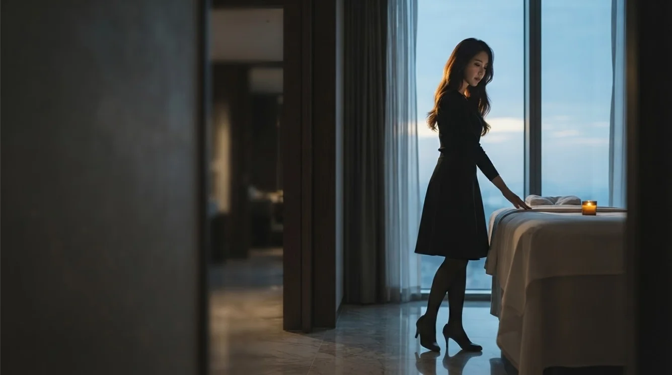 Illustrative therapist beside a prepared table in a private hotel room