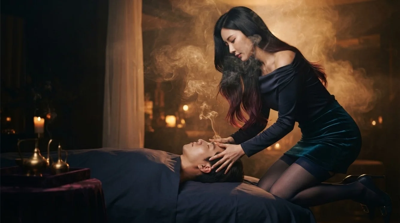 Illustrative hands-on massage in a softly lit private room