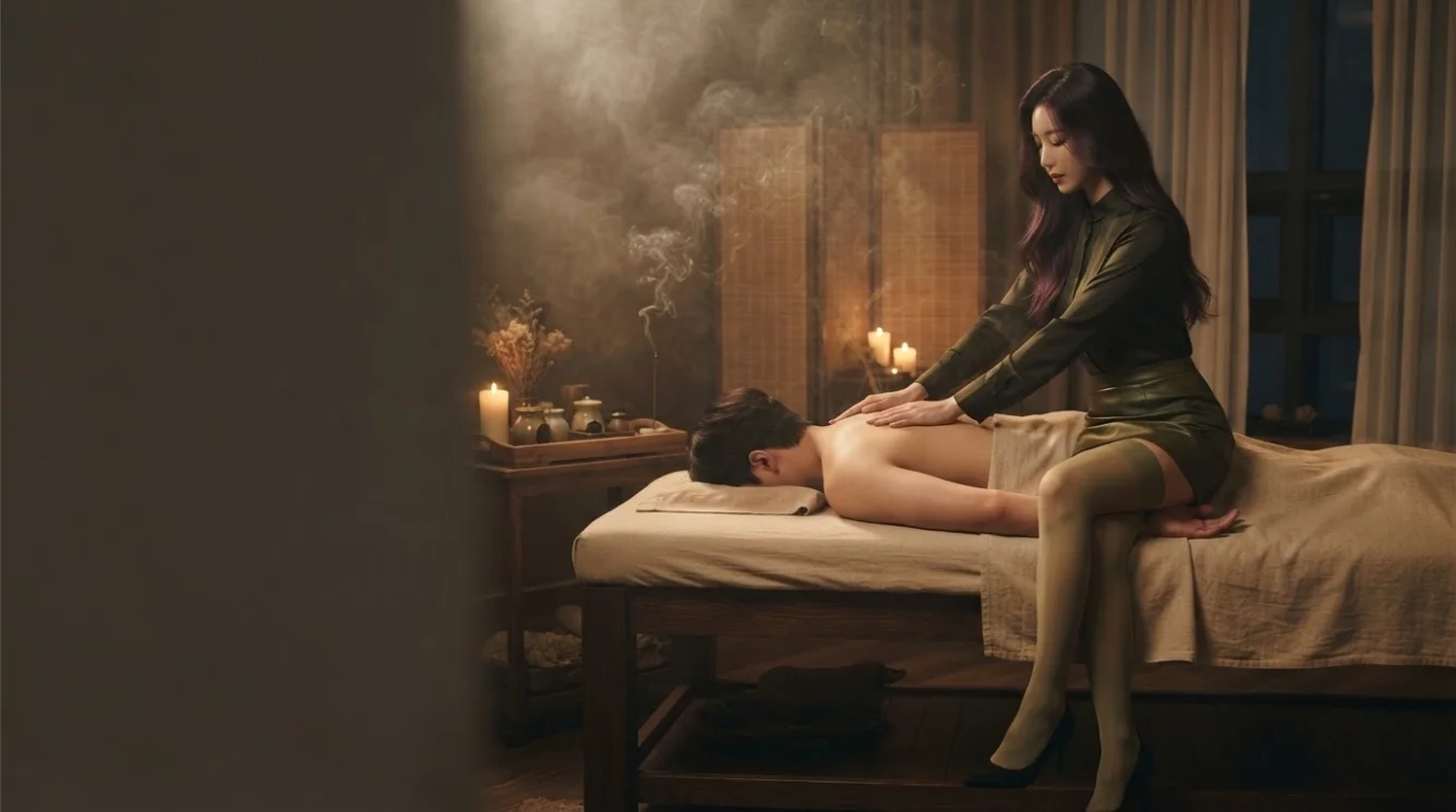 Illustrative hands-on massage in a softly lit private room