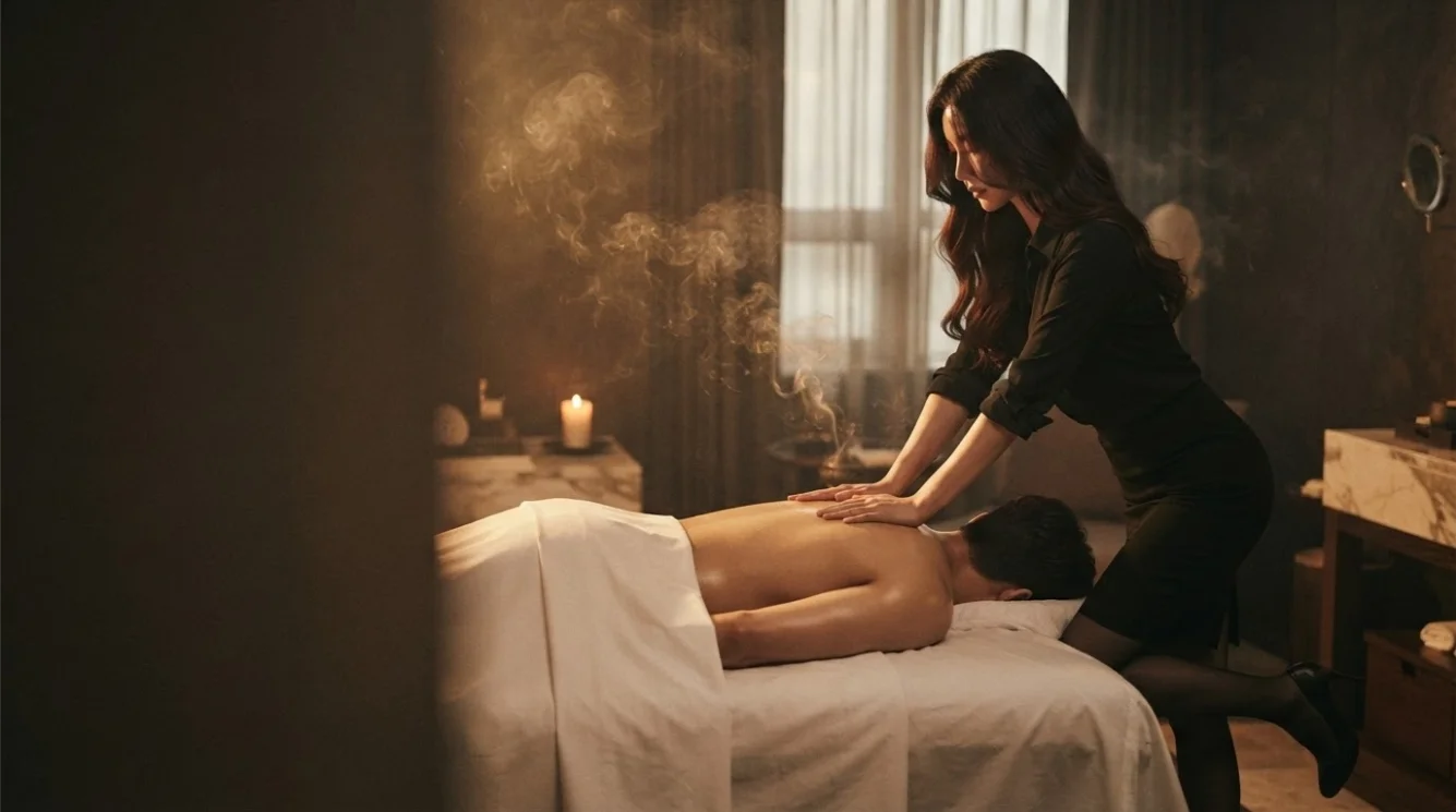 Illustrative hands-on massage in a softly lit private room