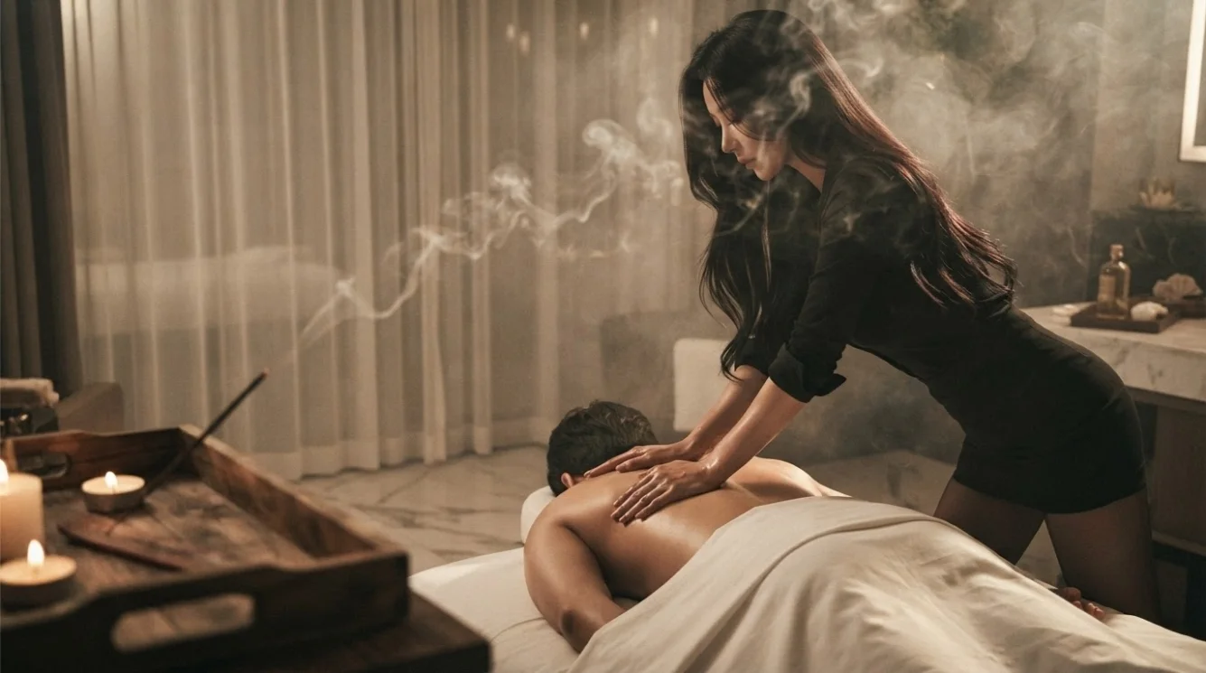 Illustrative hands-on massage in a softly lit private room