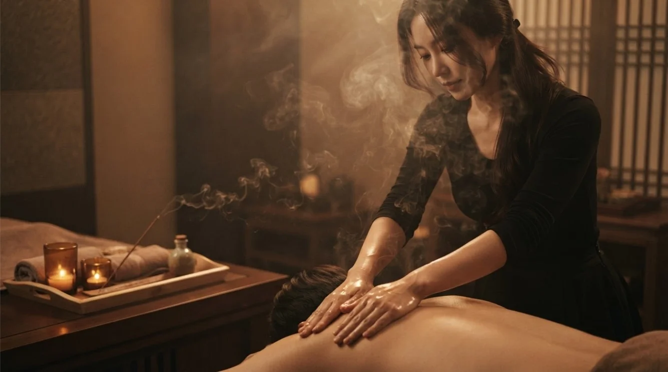 Illustrative hands-on massage in a softly lit private room