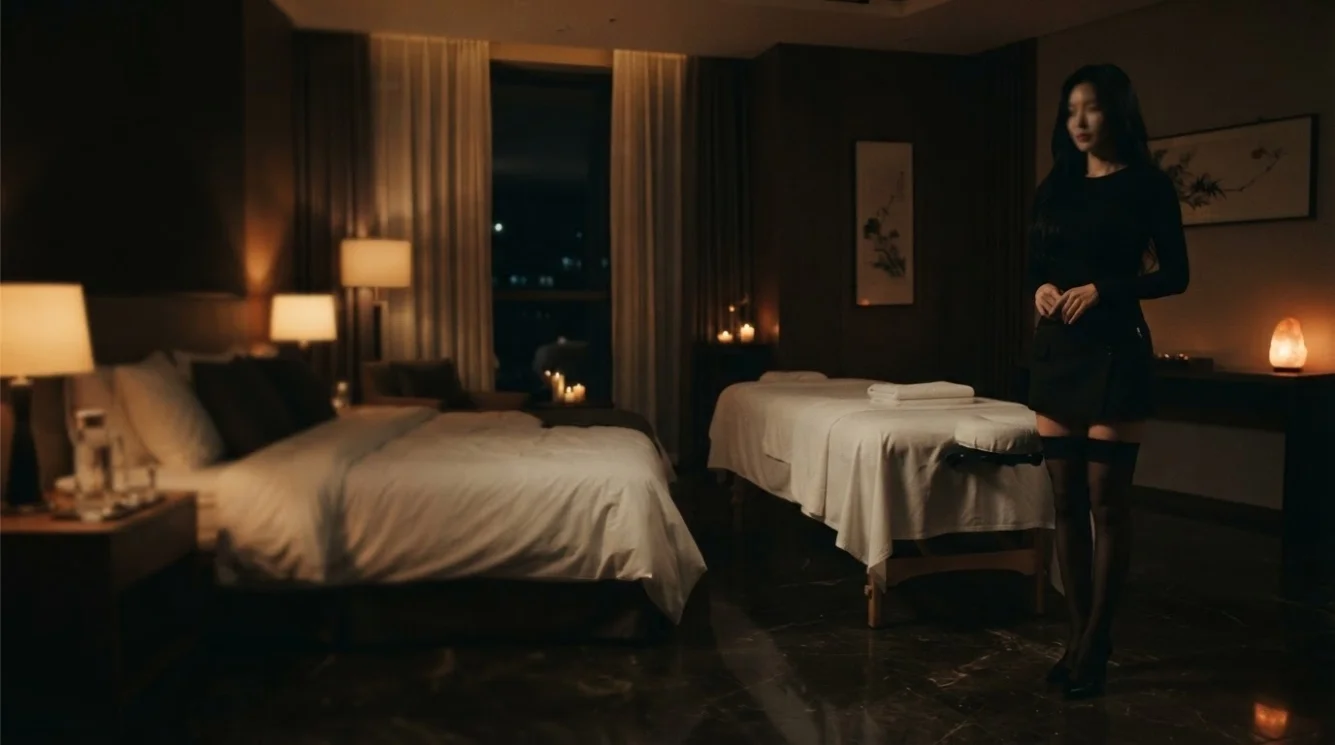 Illustrative therapist beside a prepared table in a private hotel room