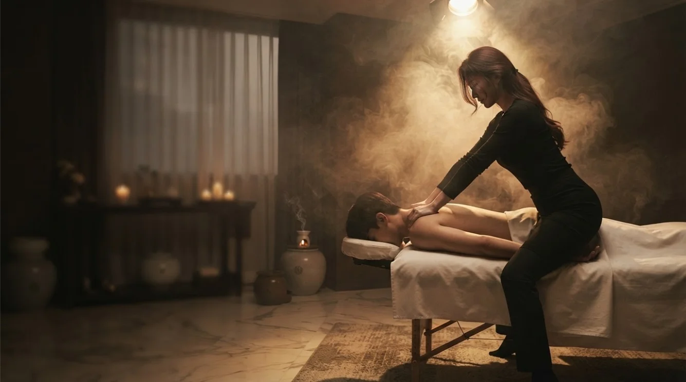 Illustrative hands-on massage in a softly lit private room
