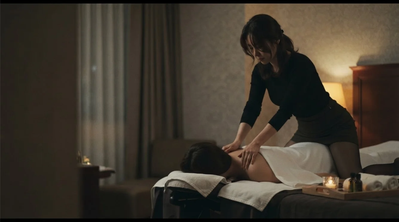 Illustrative hands-on massage in a softly lit private room