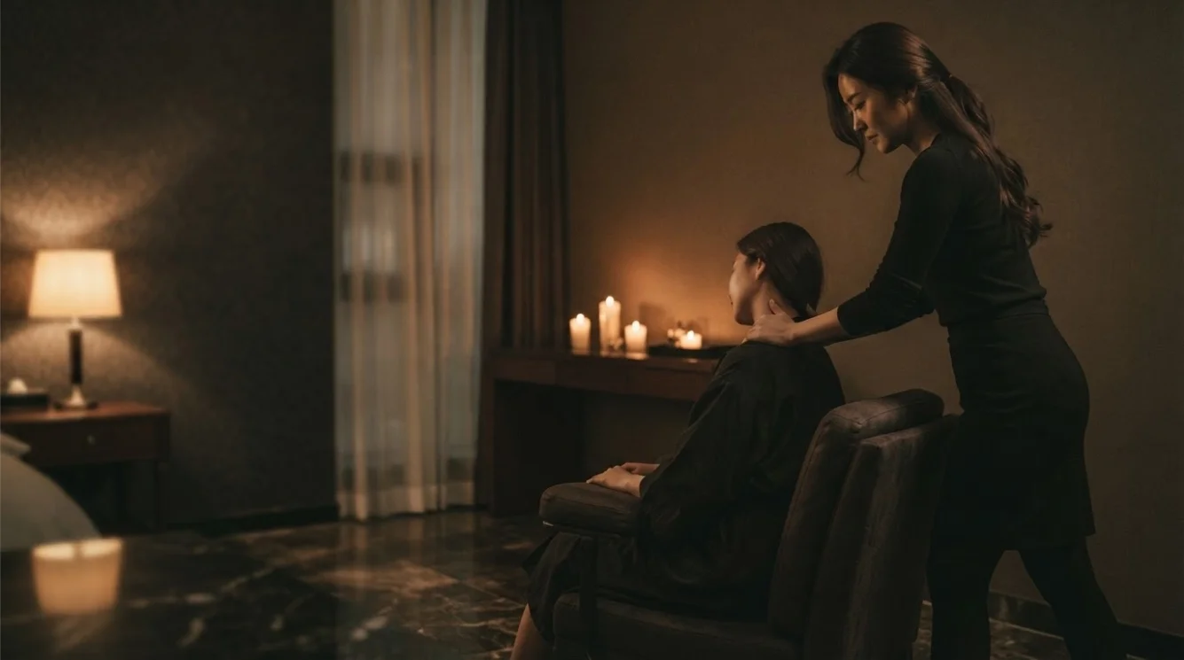 Illustrative massage preparation with oils, towels or room supplies