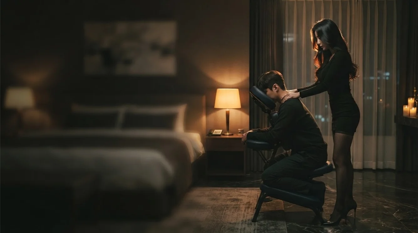 Illustrative therapist beside a prepared table in a private hotel room