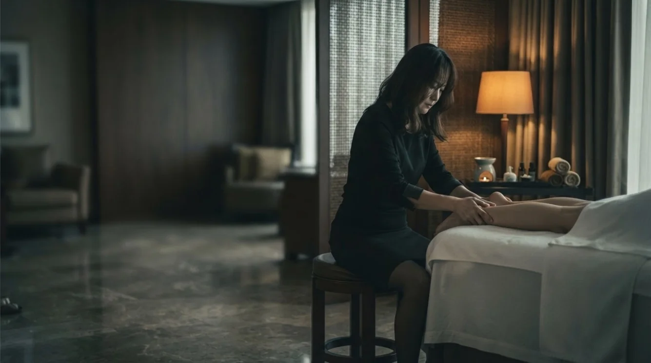 Illustrative hands-on massage in a softly lit private room