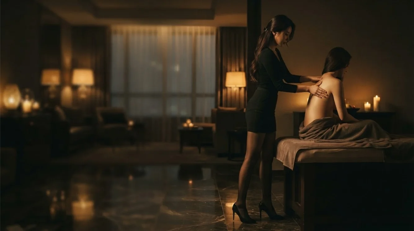 Illustrative therapist beside a prepared table in a private hotel room