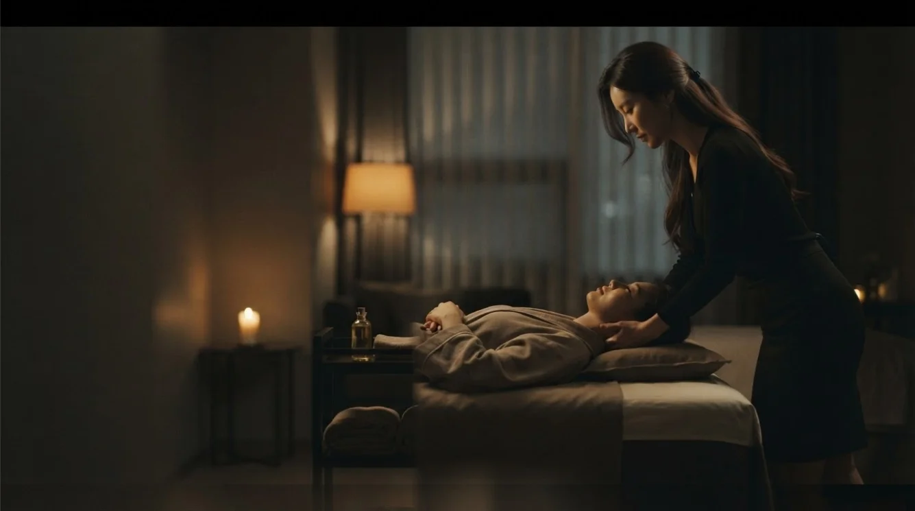 Illustrative hands-on massage in a softly lit private room