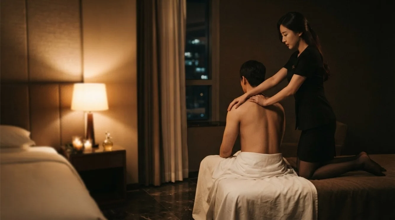 Illustrative therapist beside a prepared table in a private hotel room