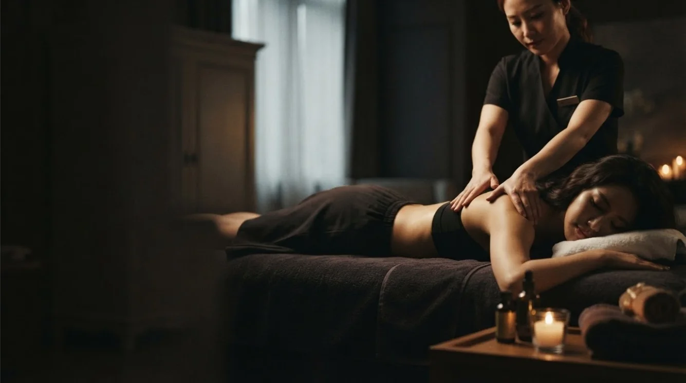 Illustrative hands-on massage in a softly lit private room