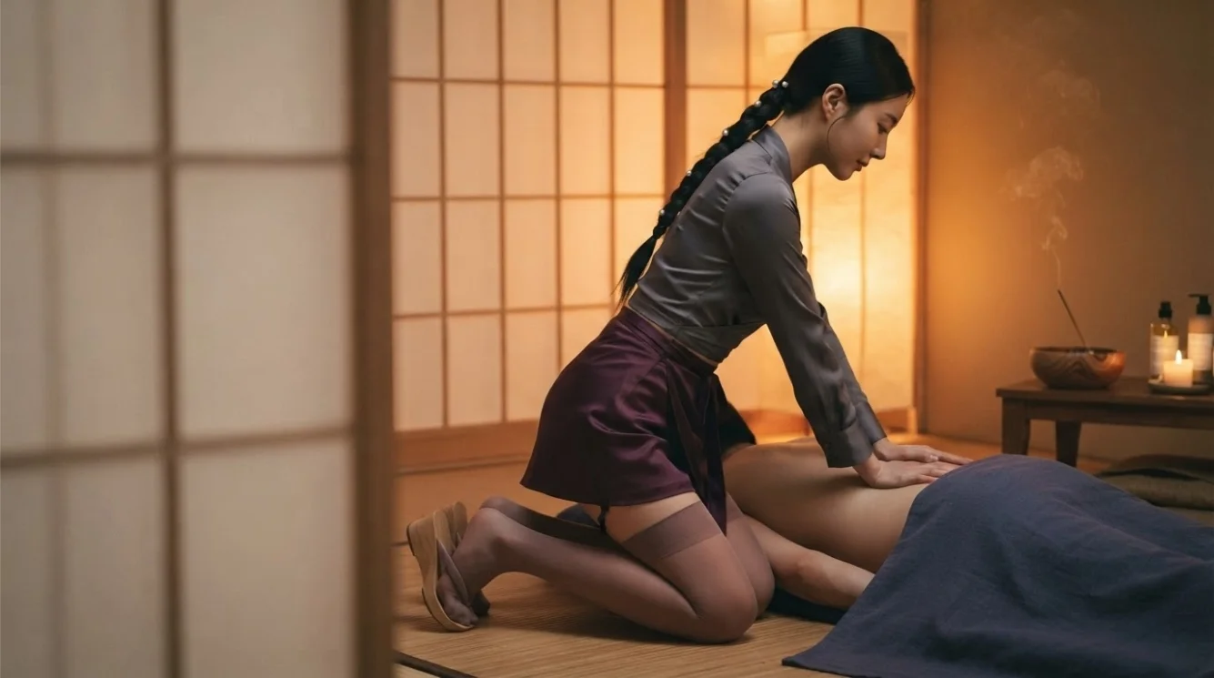 Illustrative hands-on massage in a softly lit private room