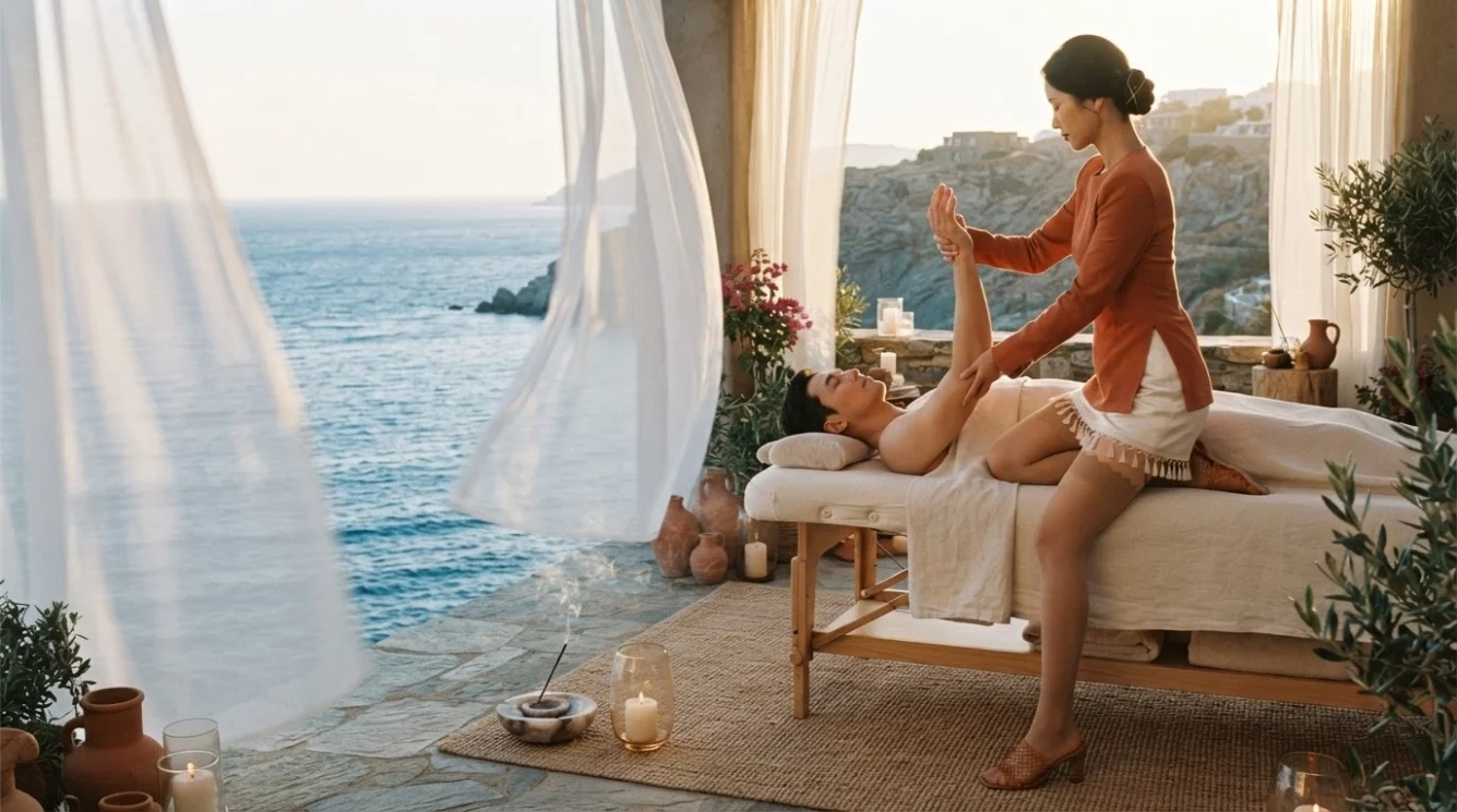 Illustrative massage setup beside a bright coastal window
