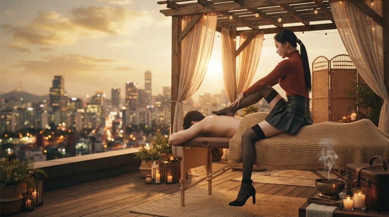 Illustrative room massage setting overlooking a city at sunset