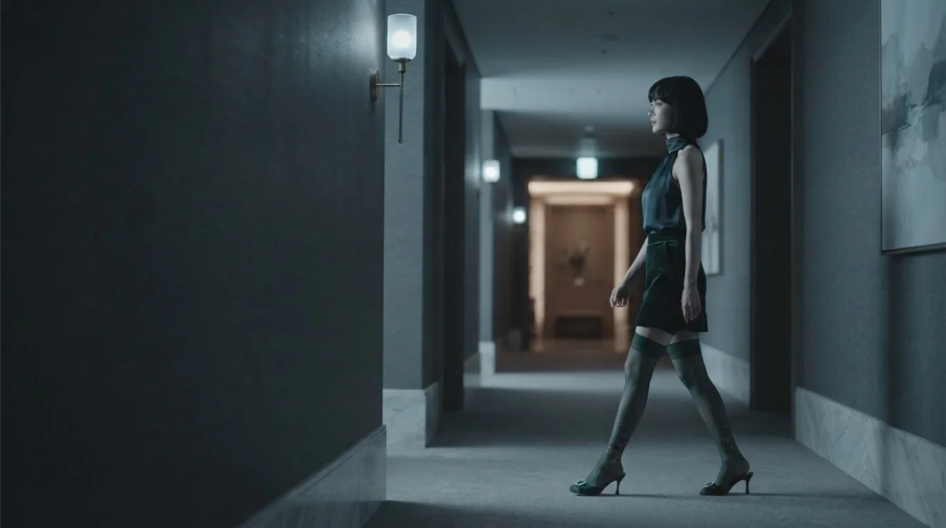 Illustrative therapist in a modern hotel corridor