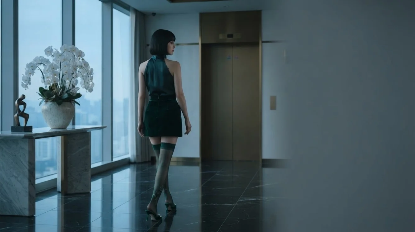 Illustrative therapist walking through a bright hotel interior