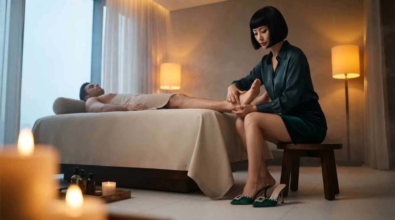 Illustrative hands-on massage in a softly lit private room