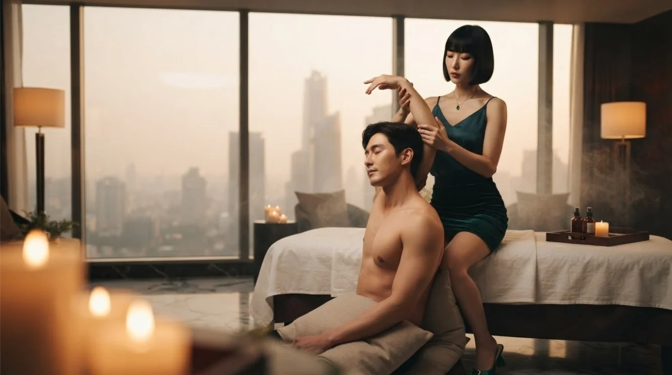 Illustrative seated massage with daylight from a large window