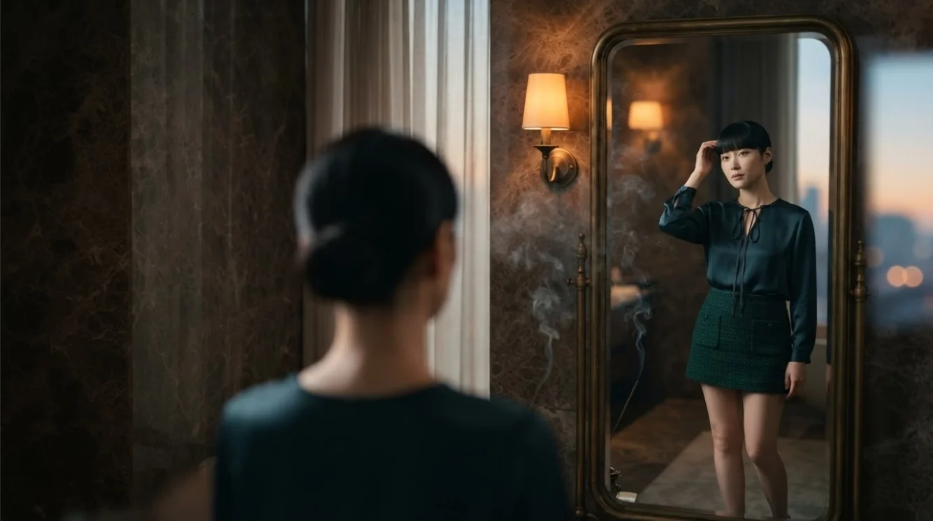 Illustrative therapist seen in a room mirror before a visit