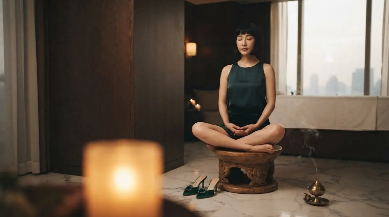 Illustrative therapist seated beside a daylight massage table