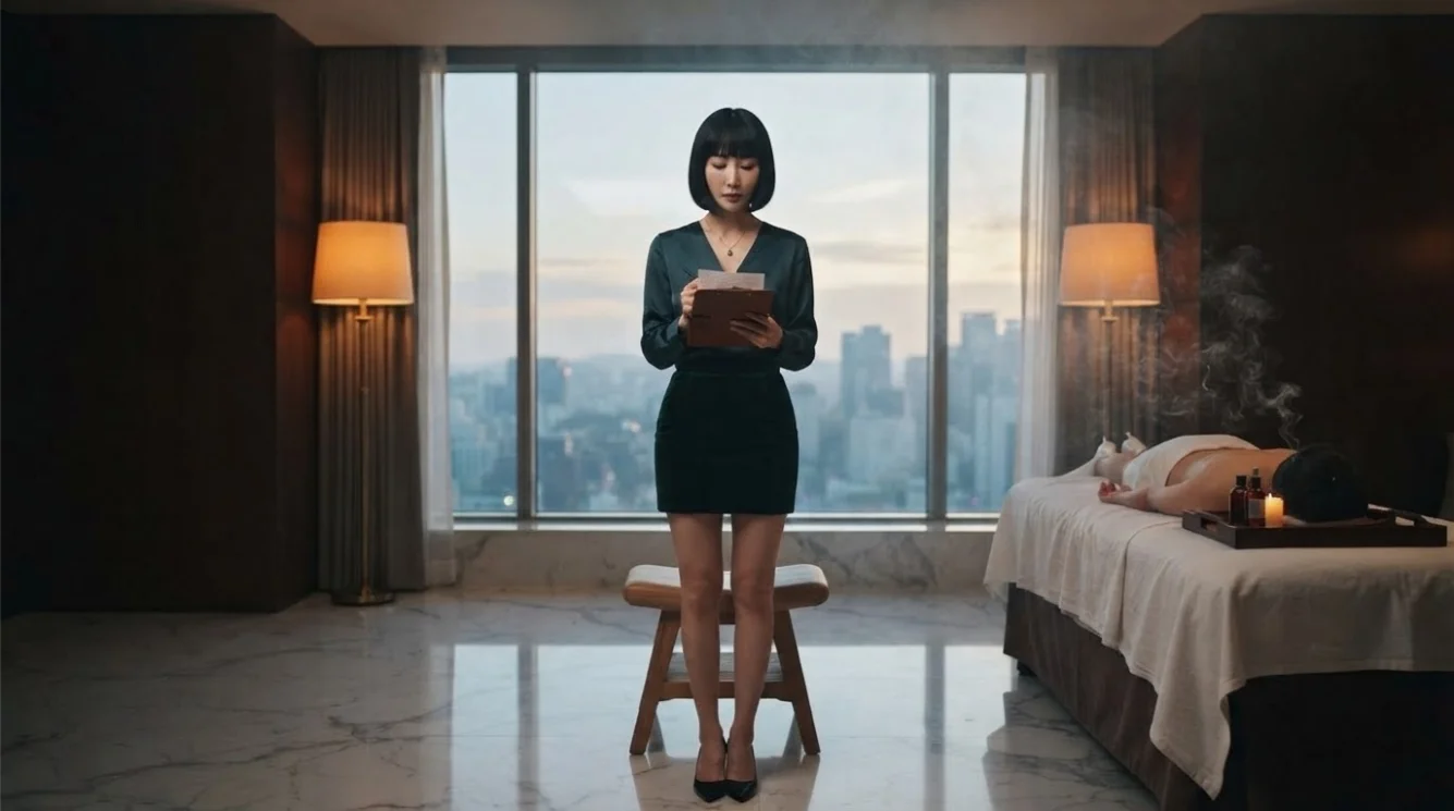 Illustrative therapist beside a prepared table in a private hotel room