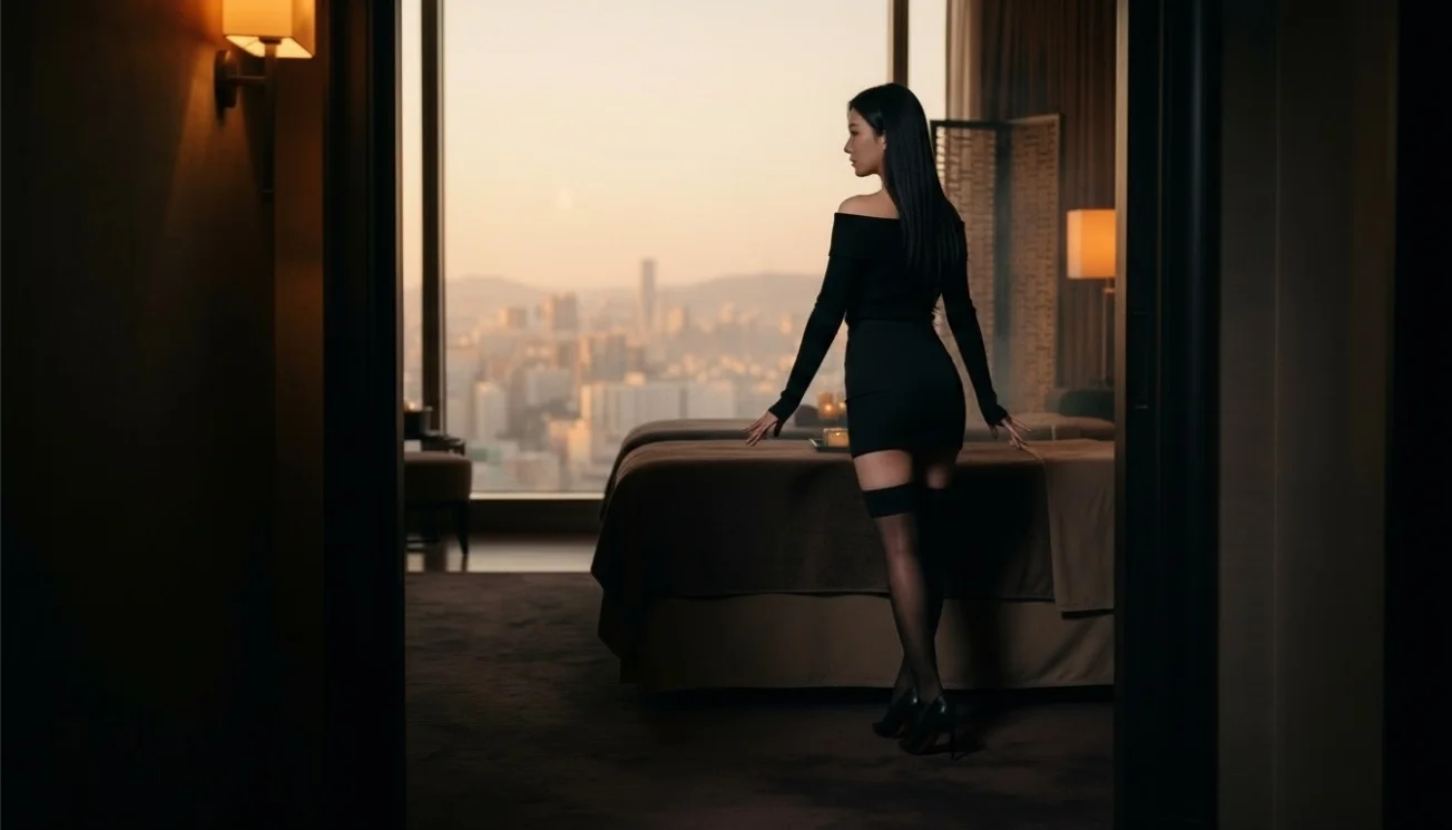 Illustrative therapist beside a prepared table in a private hotel room