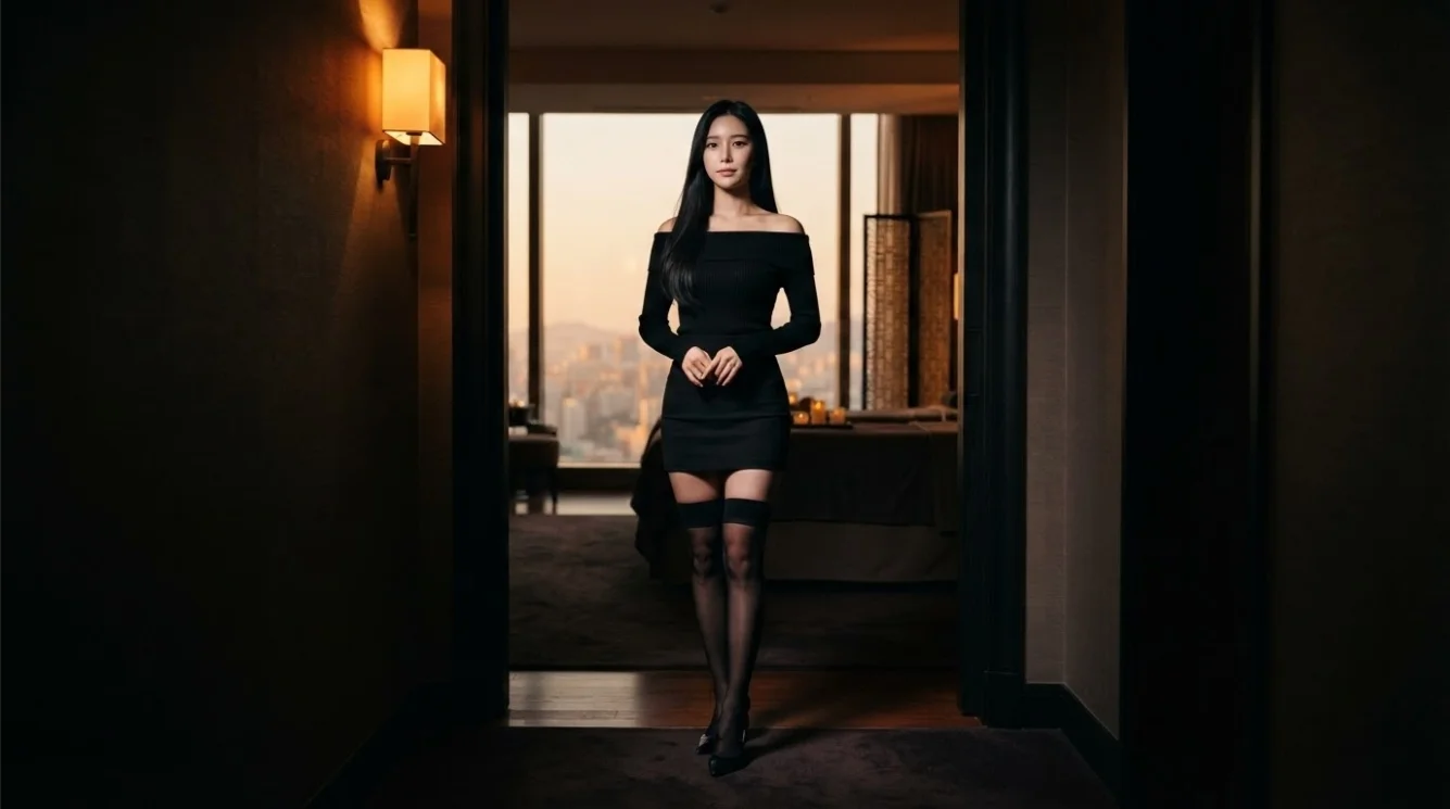 Illustrative therapist beside a prepared table in a private hotel room