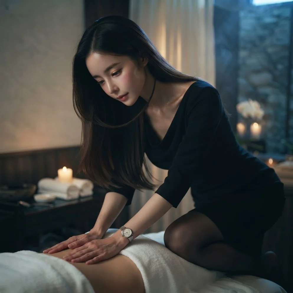 Illustrative hands-on massage in a softly lit private room
