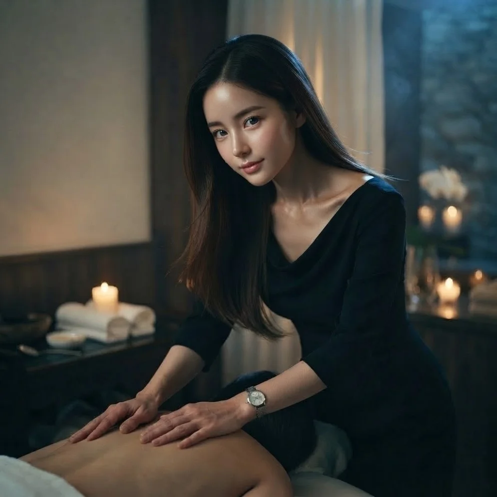 Illustrative hands-on massage in a softly lit private room