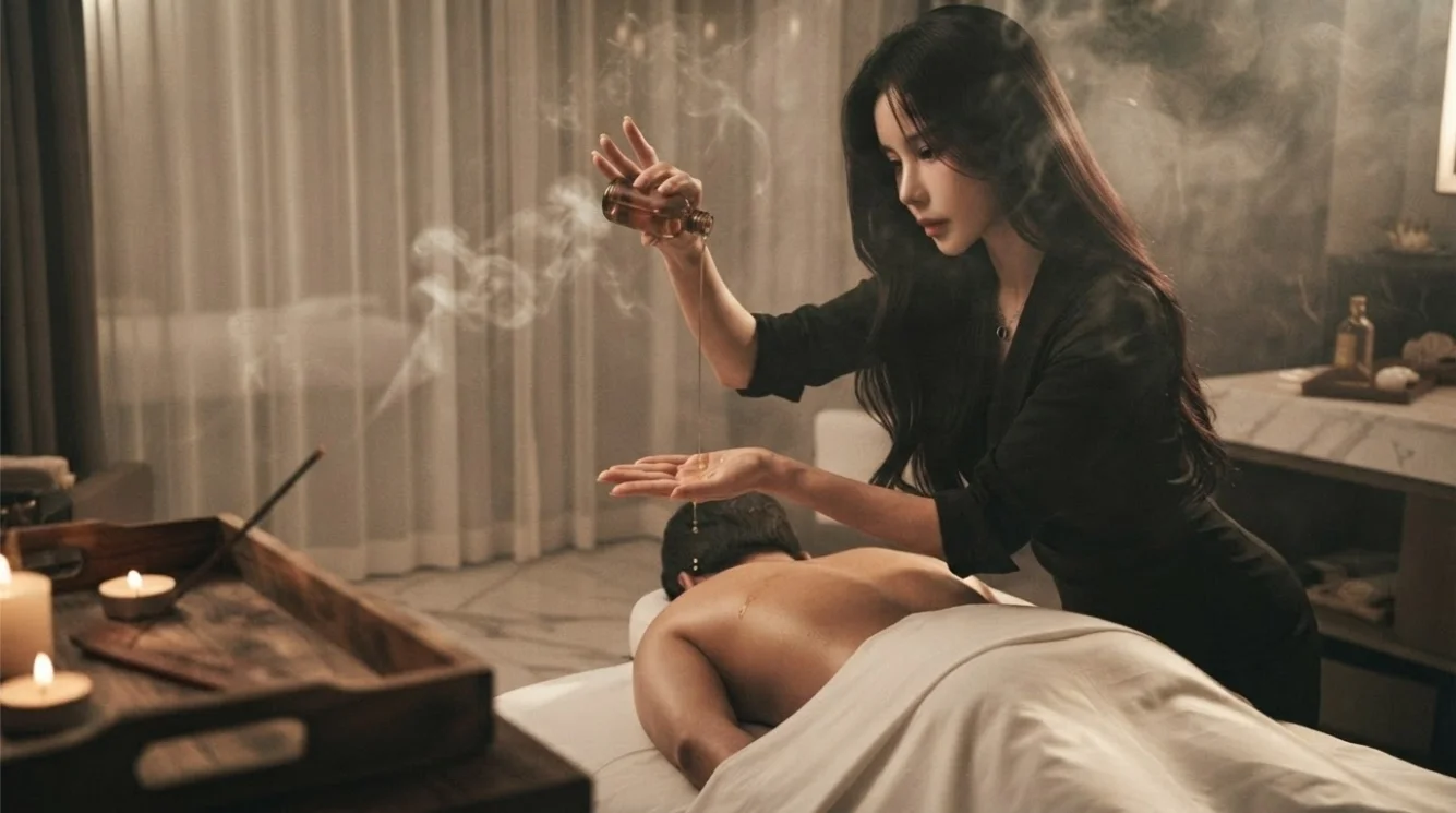 Illustrative hands-on massage in a softly lit private room