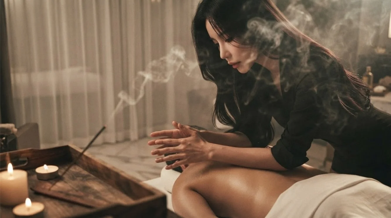 Illustrative hands-on massage in a softly lit private room