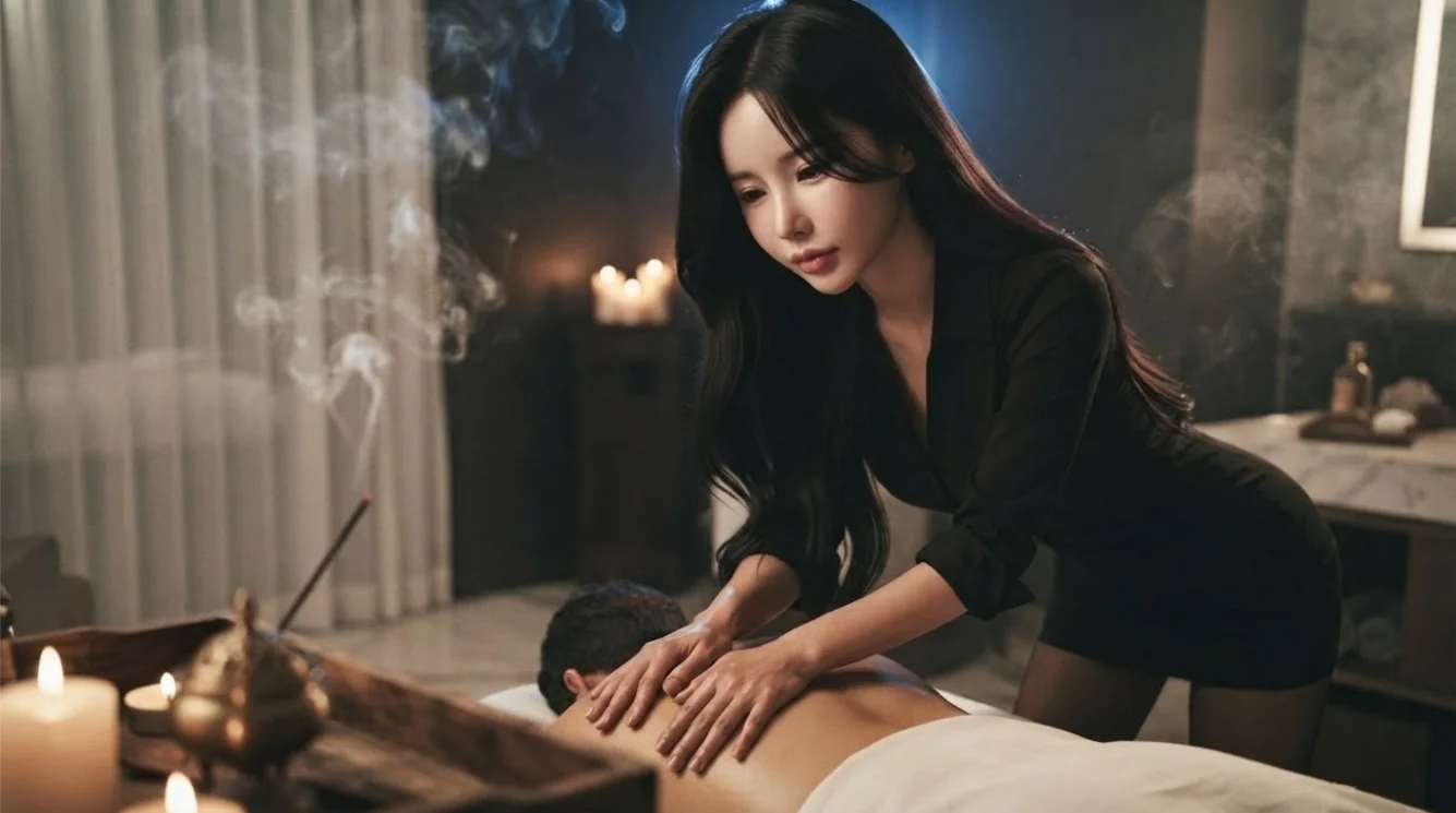 Illustrative hands-on massage in a softly lit private room