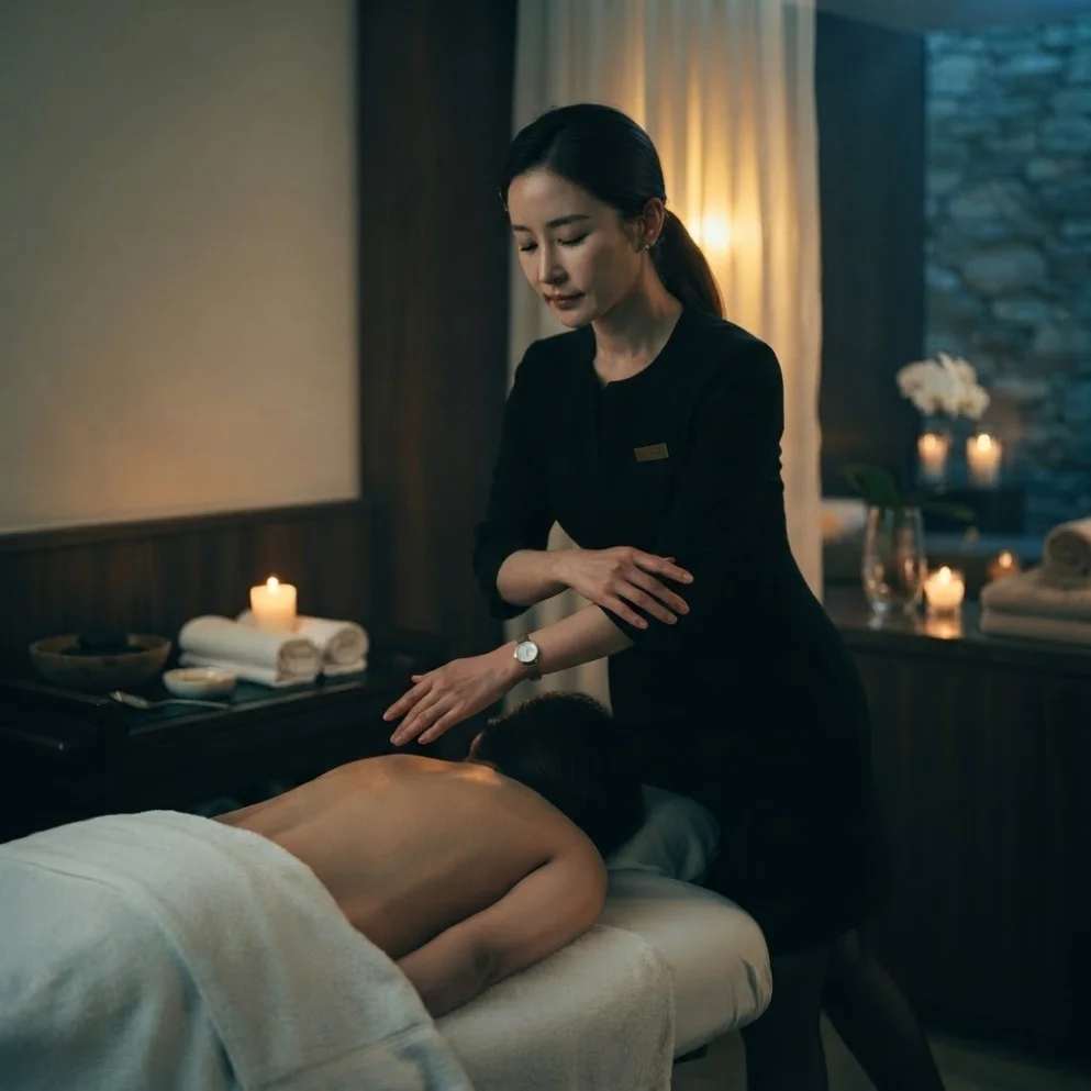 Illustrative hands-on massage in a softly lit private room