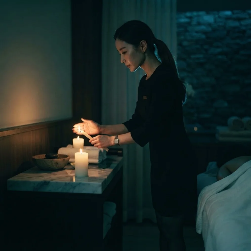 Illustrative massage preparation with oils, towels or room supplies