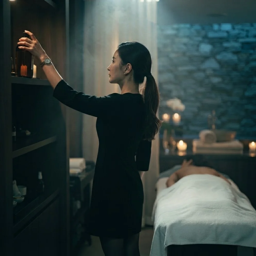 Illustrative therapist beside a prepared table in a private hotel room